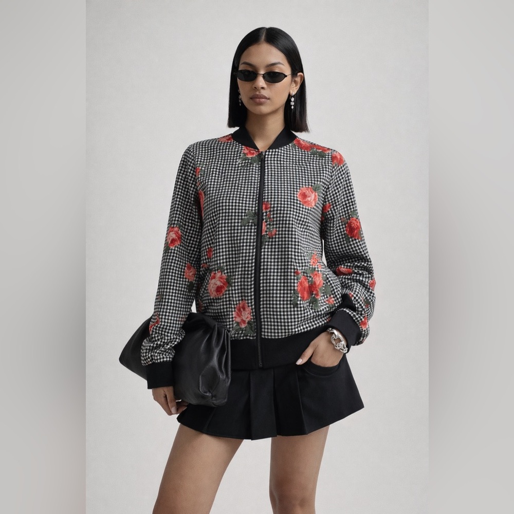 AMARYLLIS - Floral Gingham Bomber Jacket | Lightweight